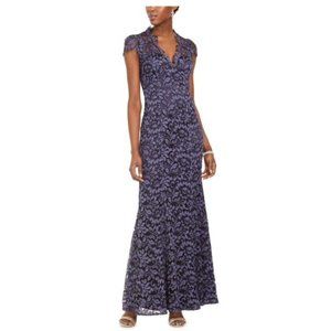 ELIZA J Womens Sheer Floral Cap Sleeve V Neck Full-Length Dress - Navy - Size 14